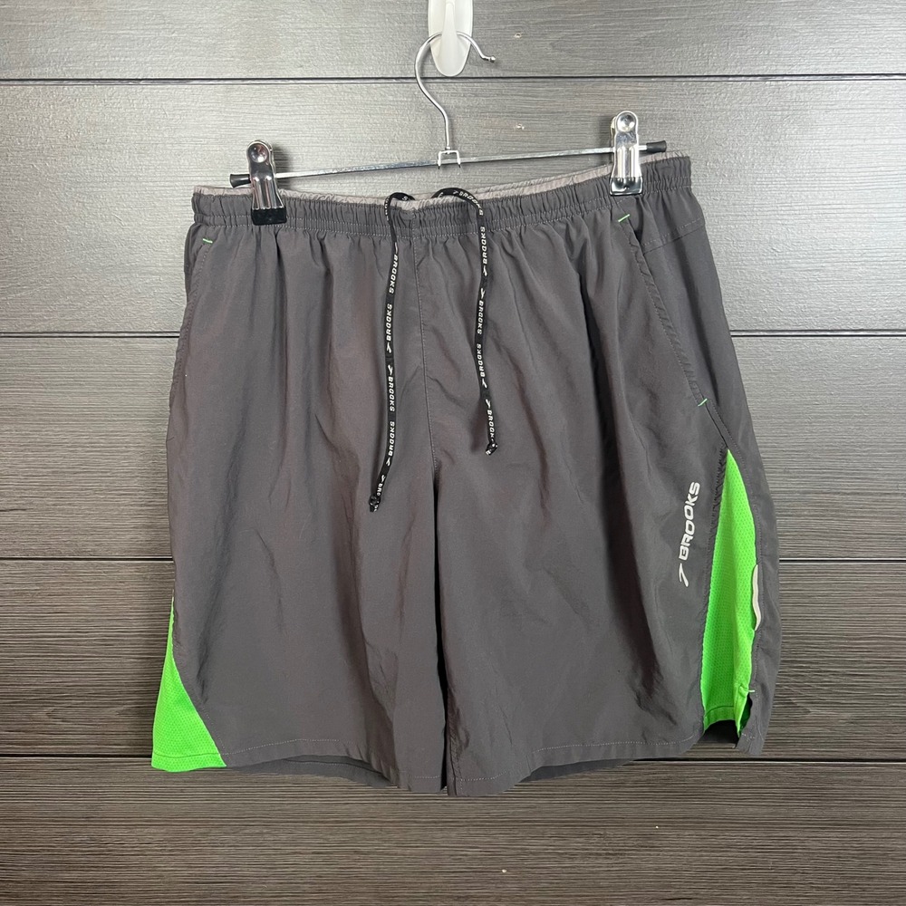 Brooks Men's Running Shorts Lined Back Zip Pocket Size M Gray Green